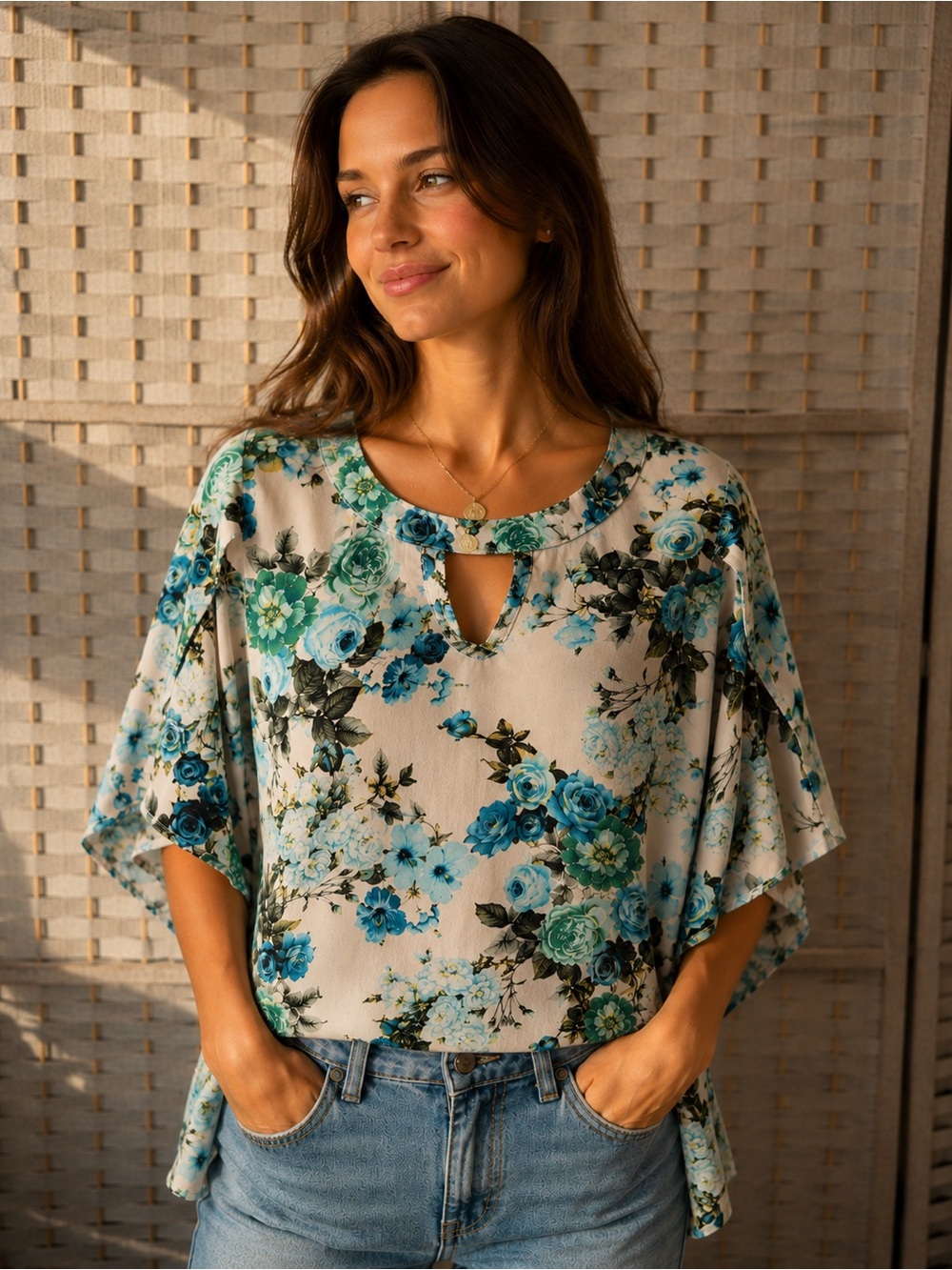 Just My Size White Blouse with Teal and Blue Floral Print